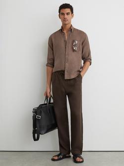 Reiss Queens Linen Regular Fit Button Down Shirt, Espresso Brown, Espresso Brown