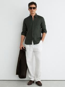 Reiss Queens Linen Regular Fit Button-Down Shirt, Midnight Green, Midnight Green
