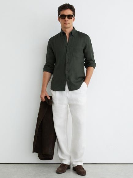Reiss Queens Linen Regular Fit Button-Down Shirt, Midnight Green, Midnight Green