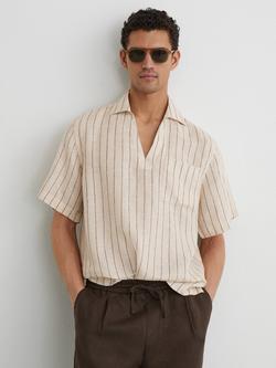 Reiss Quest Pullover Linen Short Sleeve Shirt, Oatmeal Brown, Oatmeal Brown