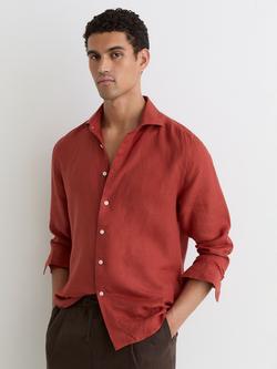 Reiss Ruban Linen Button-Through Shirt, Brick Red