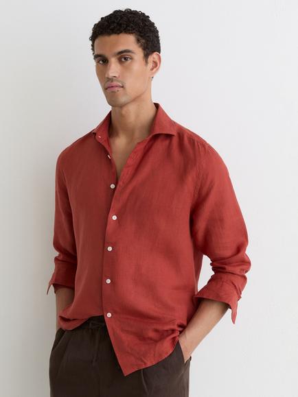 Reiss Ruban Linen Button-Through Shirt, Brick Red