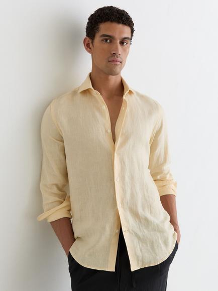 Reiss Ruban Linen Button-Through Shirt, Buttermilk Yellow