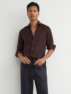Reiss Ruban Linen Button-Through Shirt, Chocolate Brown