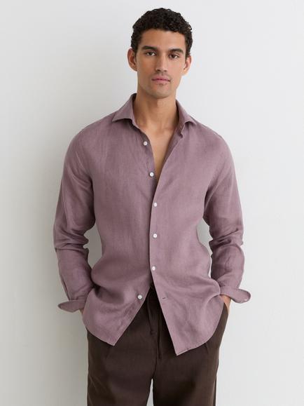 Reiss Ruban Linen Button-Through Shirt, Mauve Pink