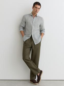 Reiss Ruban Cutaway Collar Striped Linen Shirt, Dark Sage/White, Dark Sage/White