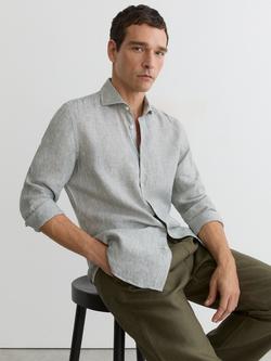Reiss Ruban Cutaway Collar Striped Linen Shirt, Dark Sage/White - view 2, Dark Sage/White
