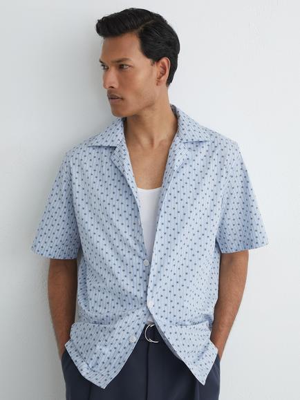 Reiss Sisqo Cotton Medallion Print Cuban Collar Shirt, Soft Blue, Soft Blue