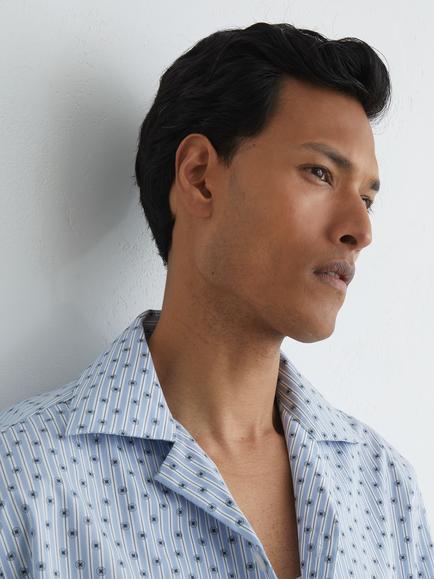 Reiss Sisqo Cotton Medallion Print Cuban Collar Shirt, Soft Blue - view 2, Soft Blue