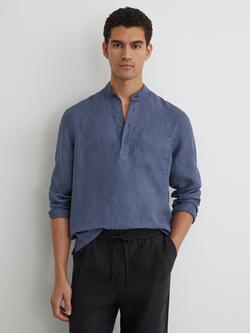 Reiss Trident Linen Half Button Grandad Shirt, Blue, Blue