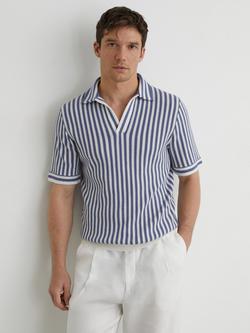 Reiss Alba Cotton Blend Stripe Knit Short Sleeve Polo Shirt, Blue/Off White, Blue/Off White