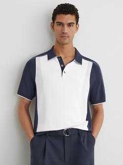 Reiss Claremont Short Sleeve Colour Block Knit Polo Shirt, White/Blue, White/Blue