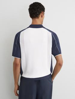 Reiss Claremont Short Sleeve Colour Block Knit Polo Shirt, White/Blue - view 2, White/Blue