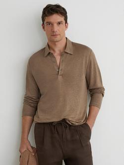 Reiss Pembroke Linen Regular Fit Long Sleeve Polo Shirt, Taupe Brown, Taupe Brown