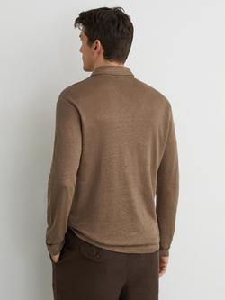 Reiss Pembroke Linen Regular Fit Long Sleeve Polo Shirt, Taupe Brown - view 2, Taupe Brown