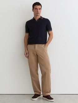 Reiss Redmire Merino Wool Tipped Short Sleeve Polo Jumper, Navy, Navy