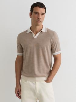 Reiss Redmire Merino Wool Tipped Short Sleeve Polo Jumper, Wheat, Wheat