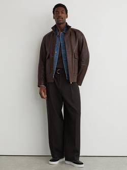 Reiss Slarten Grained Leather Zip Through Jacket, Burgundy, Burgundy