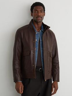 Reiss Slarten Grained Leather Zip Through Jacket, Burgundy - view 2, Burgundy