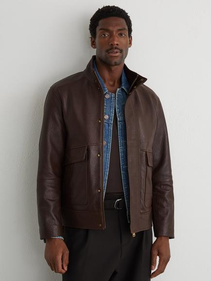 Reiss Slarten Grained Leather Zip Through Jacket, Burgundy - view 2, Burgundy
