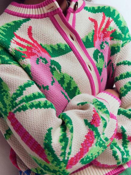 Boden Abi Jacquard Palm Tree Cardigan, Ivory/Multi - view 2, Ivory/Multi