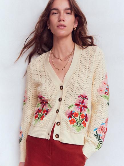 Boden Relaxed Cotton Cardigan, Ivory/Multi, Ivory/Multi