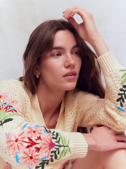 Boden Relaxed Cotton Cardigan, Ivory/Multi - view 2, Ivory/Multi