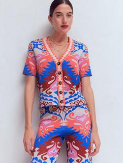 Boden Short Sleeve Abstract Jacquard Cotton Knit Cardigan, Aztec, Aztec