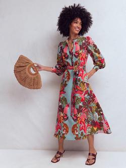 Boden Ava Print Linen Blend Midi Dress, Blue/Multi, Blue/Multi