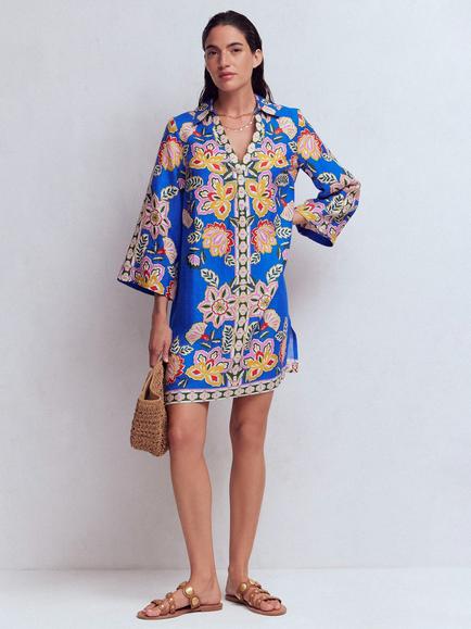 Boden Carmen Linen Short Kaftan Dress, Blue Blossom, Blue Blossom