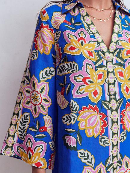 Boden Carmen Linen Short Kaftan Dress, Blue Blossom - view 2, Blue Blossom