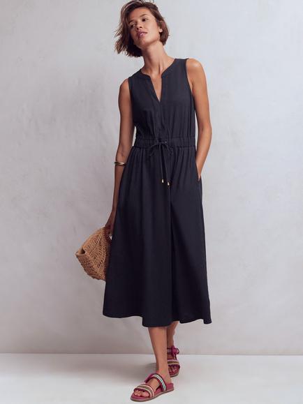 Boden Delphine Drawstring Waist Midi Dress, Fresh Green, Navy