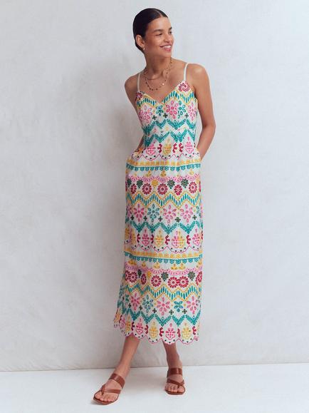 Boden Empire Linen Blend Broderie Midi Dress, Multi, Multi