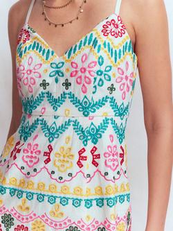Boden Empire Linen Blend Broderie Midi Dress, Multi - view 2, Multi