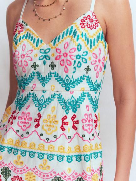 Boden Empire Linen Blend Broderie Midi Dress, Multi - view 2, Multi