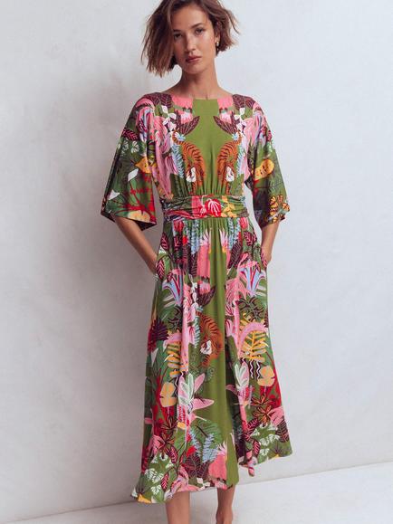 Boden Imelda Kimono Jersey Dress, Olive/Multi, Olive/Multi
