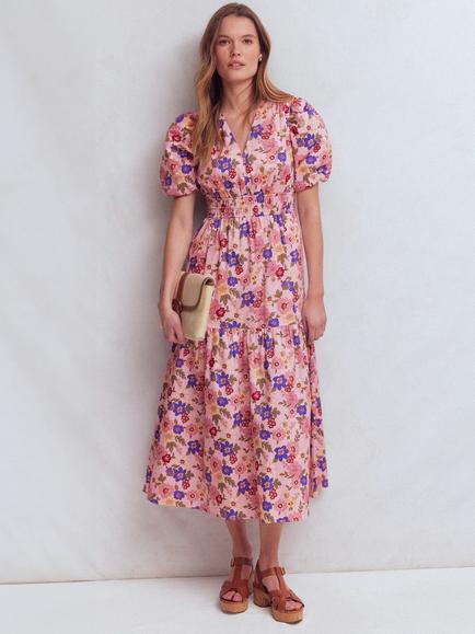 Boden Irene Puff Sleeve Midi Dress, Pink/Multi, Pink/Multi