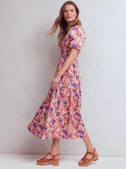 Boden Irene Puff Sleeve Midi Dress, Pink/Multi - view 2, Pink/Multi