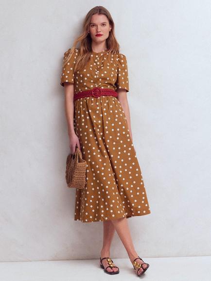 Boden Ivy Spot Print Cotton Midi Dress, Brown/Multi, Brown/Multi