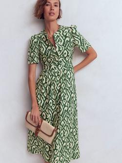 Boden Ivy Abstract Print Linen Midi Dress, Dark Green/Multi, Dark Green/Multi