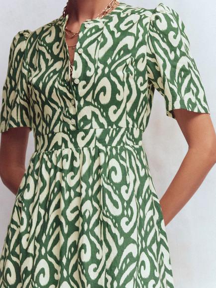 Boden Ivy Abstract Print Linen Midi Dress, Dark Green/Multi - view 2, Dark Green/Multi