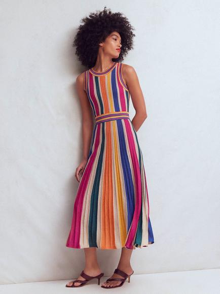 Boden Sleeveless Metallic Multi Stripe Knit Midi Dress, Multi, Multi