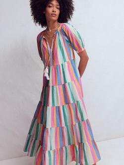 Boden Tiered Short Sleeve Tie Neck Cotton Blend Maxi Dress, Multi, Multi