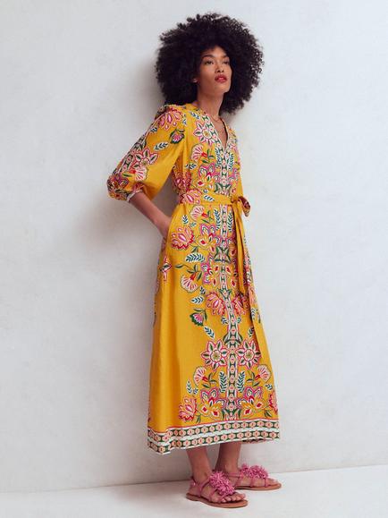 Boden Octavia Blossom Linen Rich Midi Dress, Yellow Blossom, Yellow Blossom