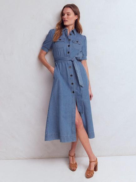 Boden Puff Sleeve Denim Shirt Dress, Mid Vintage, Mid Vintage