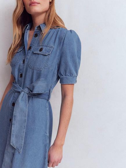 Boden Puff Sleeve Denim Shirt Dress, Mid Vintage - view 2, Mid Vintage