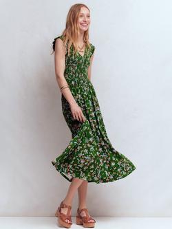 Boden Floral Smocked Jersey Dress, Green/Multi, Green/Multi