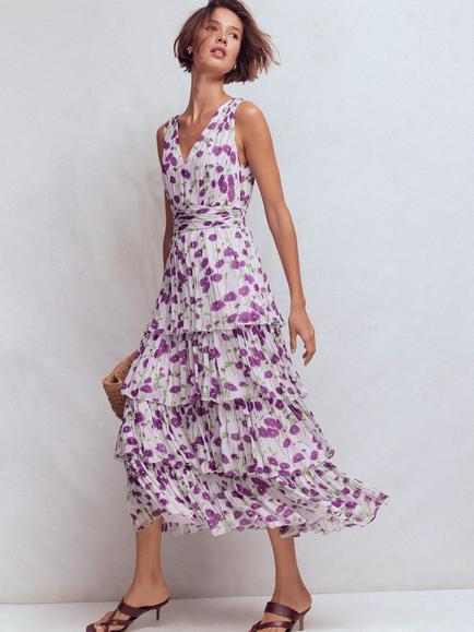 Boden Floral Tiered Sleeveless Midi Dress, Purple/Multi, Purple/Multi