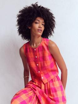 Boden Andrea Gingham Pure Linen Shell Top, Orange/Pink - view 2, Orange/Pink