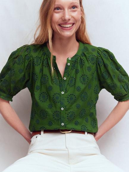 Boden Camille Short Sleeve Button Up Top, Green, Green
